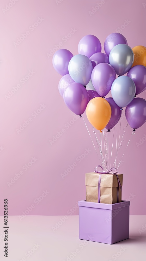 Poster various present boxes with bows and inflatable balloons birthday colorful background copy space