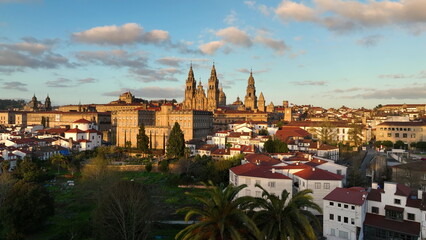 Obraz premium Aerial view of famous Cathedral of Santiago de Compostela. Travel destination in north of Spain Way of St James. Spain