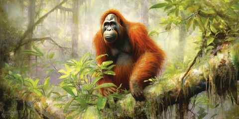 Obraz premium Portrait of an wild orangutan in the jungle. Generative AI
