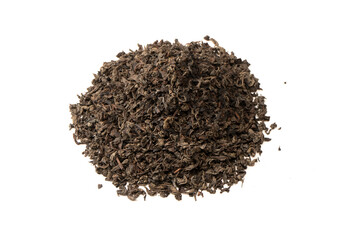 Dried tea leaves isolated on a white background.