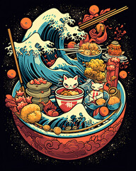 Japanese mythological creatures with a humorous twist for t-shirt design, background or flyer