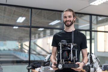 Portrait of male engineer researcher testing and controlling AI robot at academy robotics...