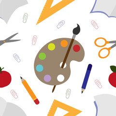 Vector seamless pattern for back to school design with stationery in cartoon style	
