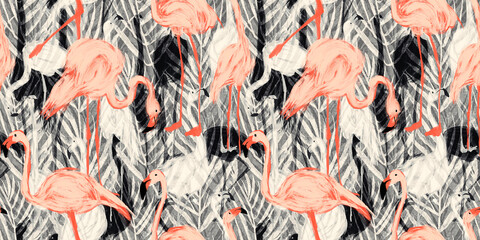 Seamless hand painted pink flamingos and abstract tropical palm leaf foliage repeat pattern. Artistic exotic jungle paradise vacation vibes mural wallpaper. Calming whimsical birds nature background.