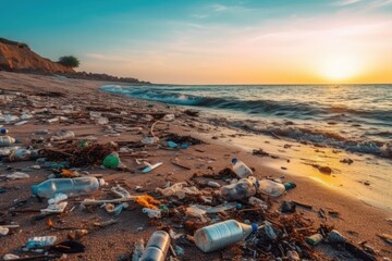 Spilled garbage on beach. Environmental pollution. Ecological problem. Generative AI