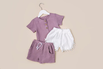 Cotton shirts with shorts. Stylish baby clothes and accessories for summer. Fashion kids outfit....