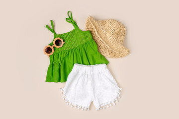 Cotton blouse with shorts. Stylish baby clothes and accessories for summer. Fashion kids outfit....