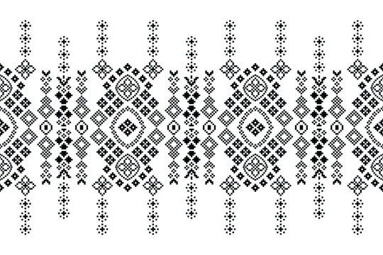 Ethnic geometric fabric pattern Cross Stitch.Ikat embroidery Ethnic oriental Pixel black white background. Abstract,vector,illustration. Texture,clothing,frame,decoration,motifs,silk wallpaper.