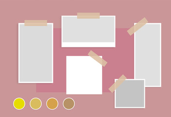 Moodboard template design. Sticky note college collection. Photo frame mockup, reminder card, office memo, note pin, presentation. Vector illustration