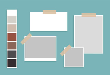 Moodboard template design. Sticky note college collection. Photo frame mockup, reminder card, office memo, note pin, presentation. Vector illustration