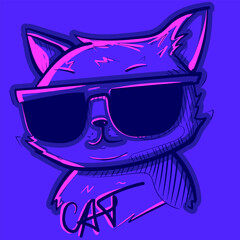Digital art of a cool cat wearing sunglasses under pink neon lights. Vector of a gangsta kitty with glasses and graffiti text