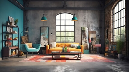Fototapeta premium Hipster Loft Interior Background, 3D render, Bright color. Generative Ai