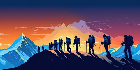 Fototapeta premium AI Generated. AI Generative. Mountain outdoor nature wild adventure travel journey summer hot season hiking trekking groupd of people. Graphic Art