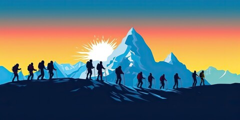 AI Generated. AI Generative. Mountain outdoor nature wild adventure travel journey summer hot season hiking trekking groupd of people. Graphic Art
