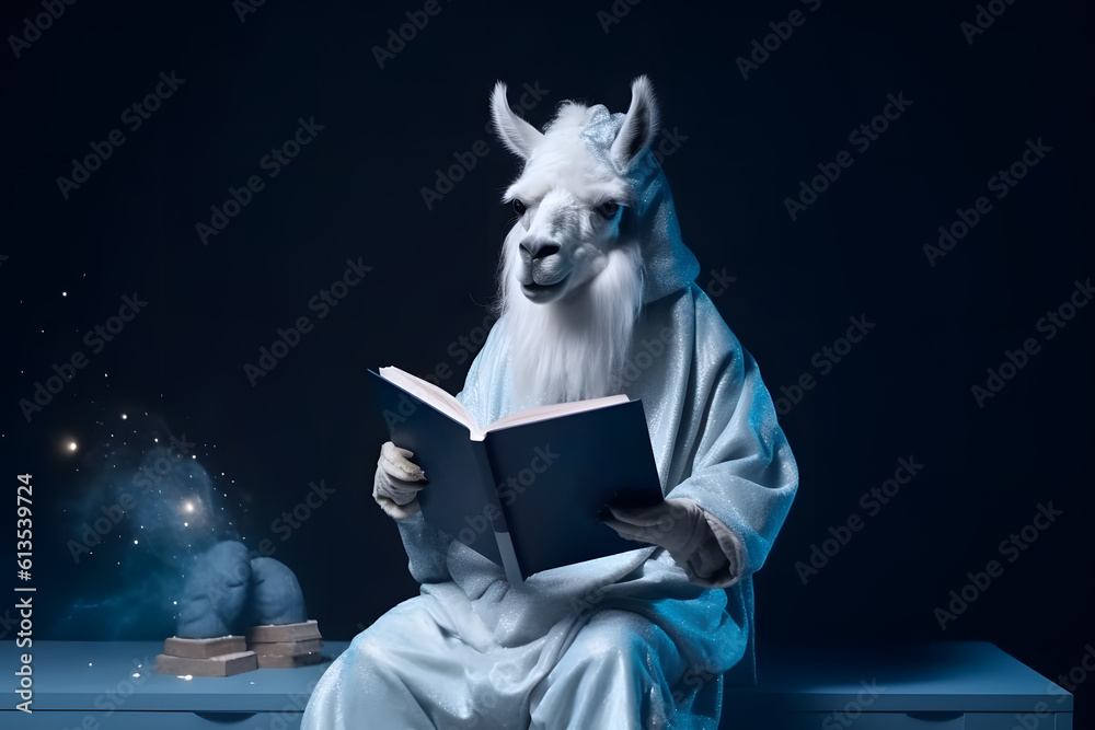 Wall mural llama reads book in dark studio background, Generative AI