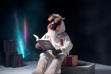 space astronaut llama reads book in dark studio background, Generative AI
