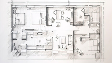 Line drawing floor plan on a white background. Generative Ai