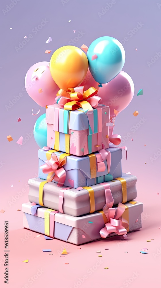 Poster different colored paper present boxes with colorful ribbons and inflatable balloons