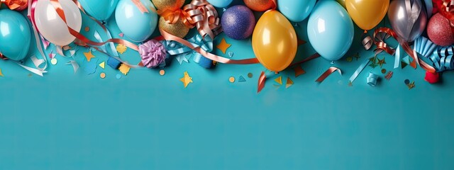 The kids birthday party background bursts with fun, multi-colored balloons and vibrant confetti.
