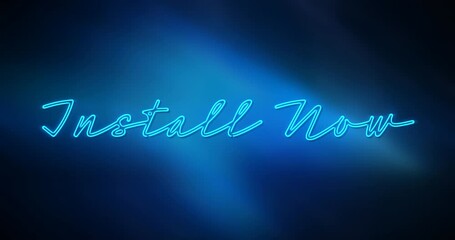 Animation of neon install now text banner against blue gradient background - Powered by Adobe