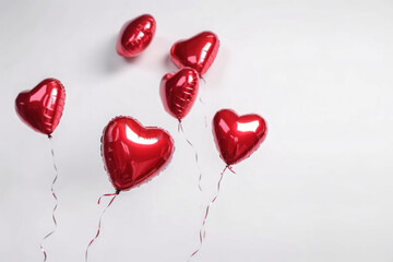 Valentines red metallic heart shaped balloons white background