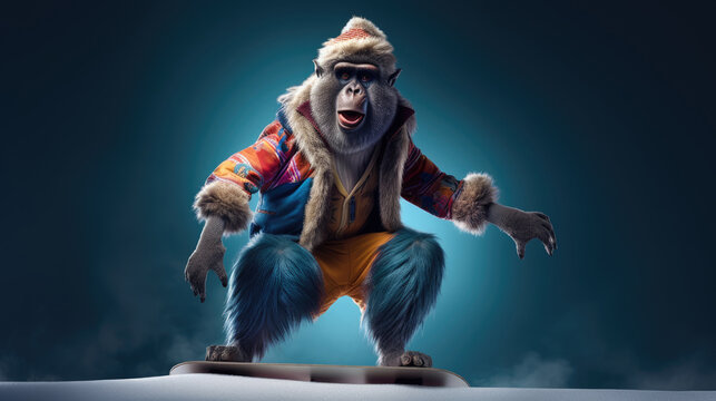 cool stylish mandril skiing on snowy blue background, Generative AI