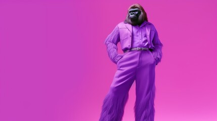 Obraz premium gorilla in fur clothes on purple background, Generative AI