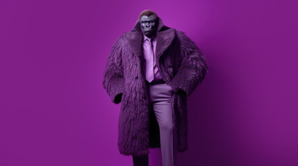 Obraz premium gorilla in fur clothes on purple background, Generative AI