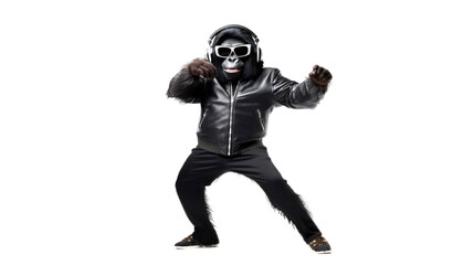 Obraz na płótnie Canvas gorilla in leather jacket with headphones dancing on white background, Generative AI