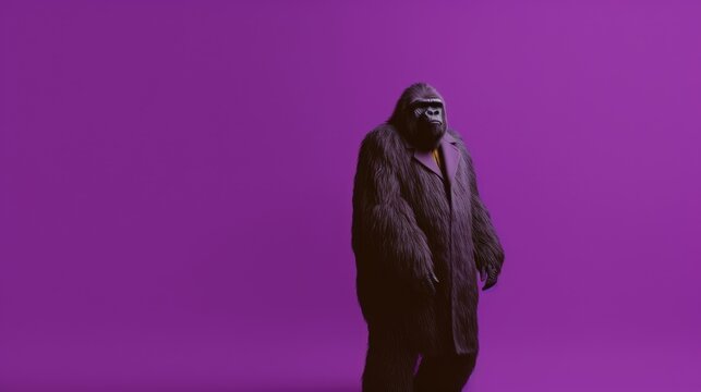 Gorilla In Fur Glamour Clothes On Purple Background, Generative AI