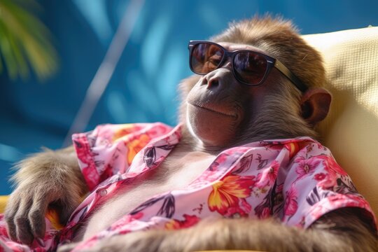 babbon person sunbathing in summer vacation, Generative AI