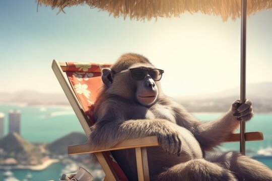 babbon person sunbathing in summer vacation, Generative AI
