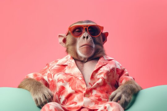 babbon person sunbathing on pink background in summer vacation, Generative AI