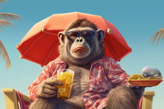 babbon person sunbathing with cold drink in summer vacation, Generative AI