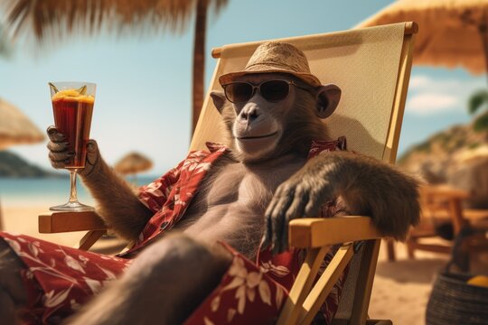 babbon person sunbathing with cold drink in summer vacation, Generative AI
