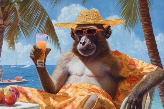 babbon person sunbathing with cold drink in summer vacation, Generative AI