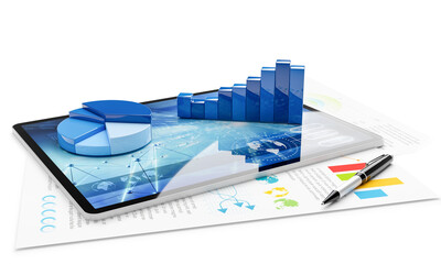 Three-dimensional graph models on tablet pc and financial report document isolated on white background.  - 613541345