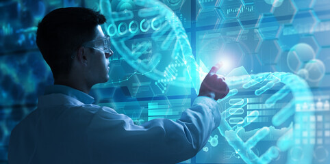 Doctor touching a virtual screen displaying human DNA helix and health indicators. Concept of...