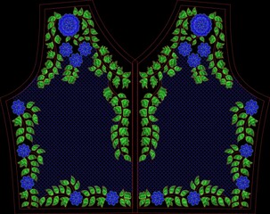 Leaf and Flower Embroidery Vector Design for Women's Vest – Blue and Green Pattern