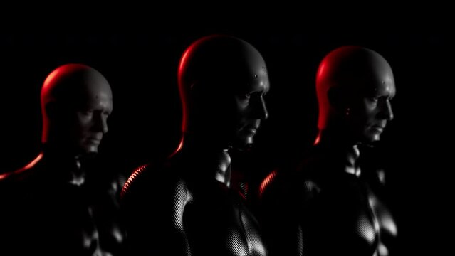 confident gait of a group of hypertonic robots or soldiers close-up animation