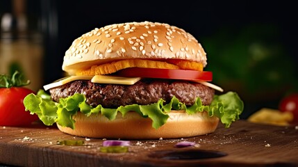 Delicious Grilled Beef Burger Closeup: Appetizing Food with Vegetables, Cheese and Sesame, Generative AI