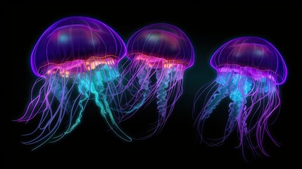 Enigmatic Neon Jellyfish Swimming in the Depths of the Sea: Nature's Abstract Power, Generative AI