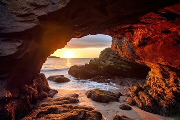 Sunset Cave Along the Coastline: A Coastal Nature Landscape of Rocks and Water. Generative AI