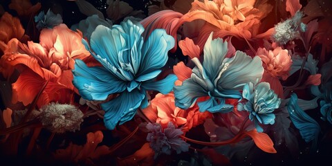 AI Generated. AI Generative. Pastel oil realistic illustration of flowers red blue colors. Vintage retro botanical floral plant stye. Graphic Art