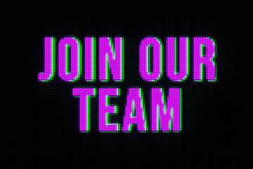 Join our team. The text,  join our team, in purple. Hiring, team building activities, teamwork, opportunity, help wanted sign, recruitment, job interview, togetherness and occupation.