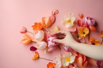 Close-up of young woman's hands holding fresh flowers on pink gradient background