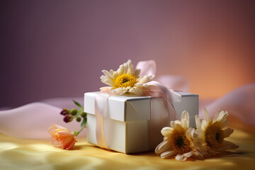 Obraz na płótnie Canvas Front view with gift box and ribbon, flowers on table and blur gradient background