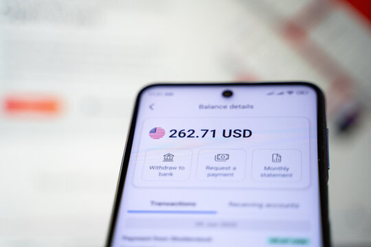 Payoneer app and US Dollar account balance on smartphone screen. Ankara, Turkey - June 14, 2023.