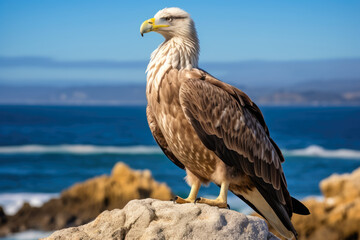 A bald eagle is sitting on rocks by the ocean