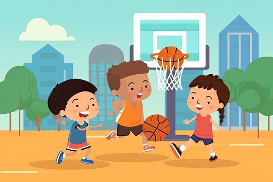 Illustration of a group of kids playing basketball